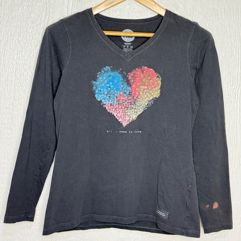 Life is Good Womens Heart Graphic V-Neck Long Sleeve T-Shirt Gray S